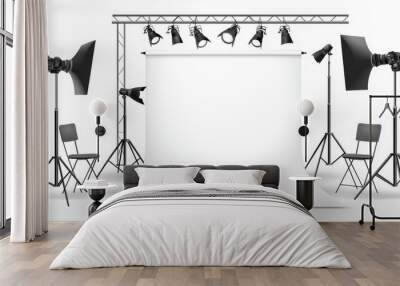 A modern illustration showing a photography studio with a blank white background, softbox lights, a camera, tripod, chair, and backdrop set. Wall mural