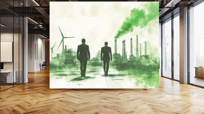 A person walking toward renewable energy sources and industrialized industries. Wall mural