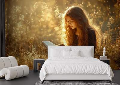 A pretty young woman reads a bible book. Stock photo Wall mural