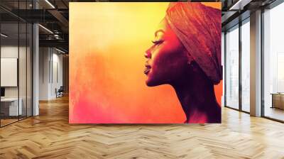 A retro wave neon vapor wave portrait of an African woman in a headwrap in blue and pink duotone. Wall mural