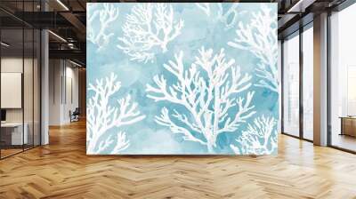 A seamless pattern background made up of green and coral underwater seaweed. Wall mural