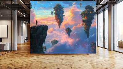 A surreal mountain top view of a man admiring floating islands at sunset, a concept sketch for a fantasy adventure. Wall mural