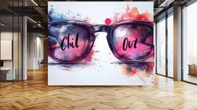 A trendy sunglasses design with pink glasses and tones of cool handwritten in a creative font isolated on a white background. The design would work well on a t-shirt or sweatshirt. Hand drawn modern Wall mural