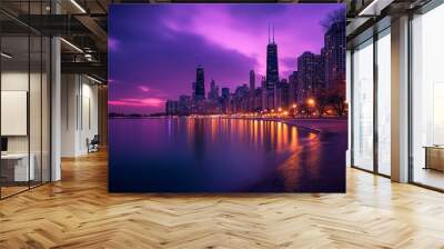 A vibrant urban skyline at dusk reflected on a calm waterfront with colorful city lights and dramatic clouds Wall mural