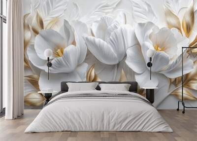 A white background displays two white flowers with gold leaves Wall mural