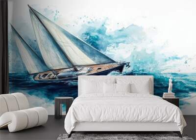 A yacht and seagulls in the sea. Watercolor illustration, wallpaper, background with a sailing boat. Wall mural