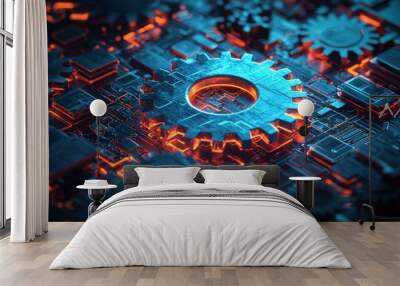 Abstract 3D gears and cogs representing the intricate mechanical processes and technology behind digital information discovery and retrieval Wall mural