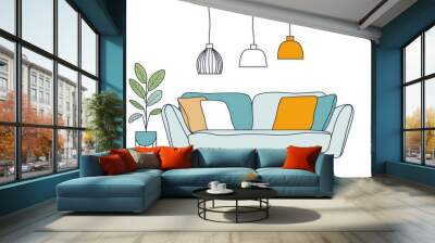 An abstract color shape drawing of a sofa, lamp, and plant. Single line element Hand drawn contour of an interior doodle. Wall mural