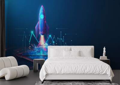 An abstract launch rocket and growth graph chart are shown on a smartphone screen in a futuristic hologram style in light blue. Business and start-up concept with a low poly wireframe design. Wall mural