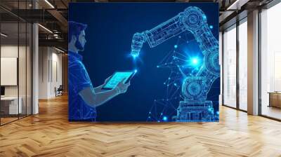 An abstract polygonal engineer is operating a robotic arm and tool, with smart technology in the manufacturing process depicted in dark blue. Wall mural