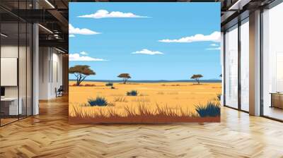 An African savanna landscape is illustrated cartoon-style. Wall mural