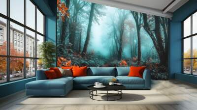 An atmospheric haunted forest with elegant Art Nouveau trees in a concept shot. Wall mural