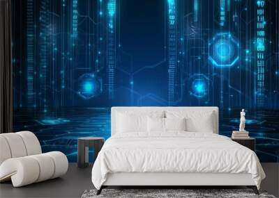 An illustration of a futuristic screen display for a horizontal layout. The background is decorated with an optic screen and digital grid line circuit decor. Ideal for a technological future. Wall mural