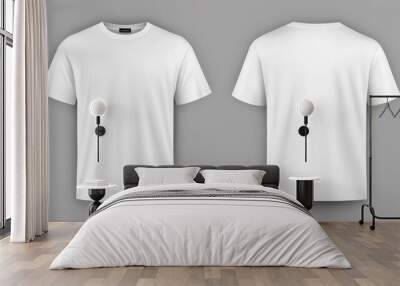 An invisible mannequin displays a men's white blank t-shirt template from two angles, suitable for design mockups and print applications, on a white background Wall mural