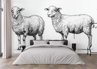 An isolated ink sketch of a vintage engraving lamb set on a black and white background. The silhouette of a farm animal on a background of sheep. The image is hand drawn. Wall mural