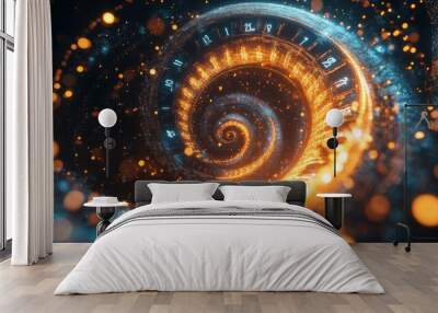 An optical illusion of time travel with a clock and time machine. Time travel sci-fi fantasy film with a time portal. Traveling both in space and time. Wall mural