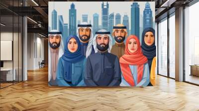 Arabic man and woman in hijab modern flat illustration. Collection of stylish muslim business people, male and female dressed in trendy clothes isolated on white. Saudi people dressed in traditional Wall mural