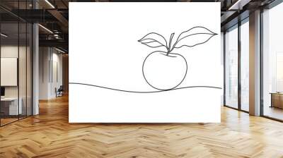 Black and white modern minimalist linear illustration made up of a single line of apple with leaf Wall mural