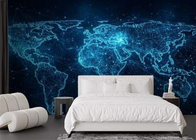 Blue futuristic world map or globe with dot connecting wave wireframe illustrations. Conceptual illustration of digital communication innovation and technology. Wall mural