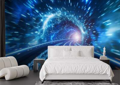 Blue tunnel encircled by streaks of light and particles, creating the illusion of traveling quickly and in a futuristic manner. Wall mural