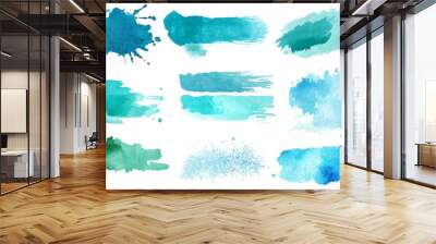 Blue watercolor stains with brush paint strokes kit Wall mural