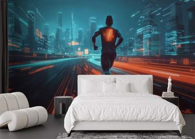 Blurry background showing a running man alongside wearable technology such as a fitness tracker, smartphone, heart rate monitor, and smartwatch Wall mural