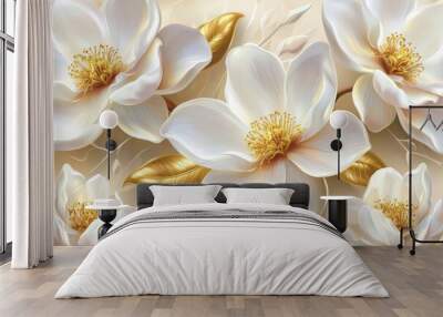 Branches with white flowers and gold leaves are painted in this painting Wall mural