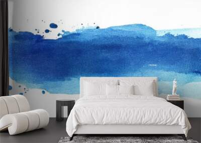 Brush strokes of horizontal watercolor stain with blue texture on white Wall mural