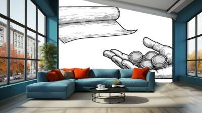 Business concept with hand holding coins stack continuous one line illustration on white background. Wall mural