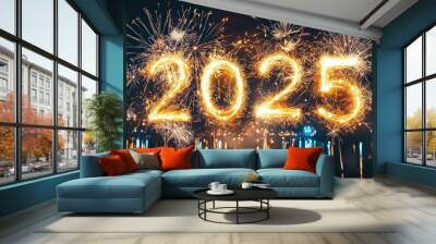 Colorful firework illumination on dark blue sky background for Happy New Year 2025. Wall mural