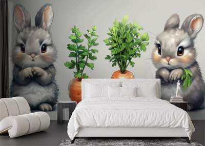 Coloring book illustration with fluffy bunnies and fresh carrots Wall mural