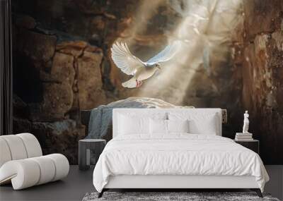 Concept of the Resurrection Of Jesus Christ at sunrise depicted by a white bird with a shroud and the Crucifixion Wall mural