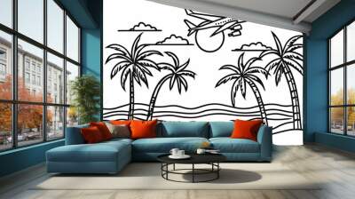 Continually drawing one line art sketch of airplane flying over beach sea tropical landscape holiday travel modern illustration of palms and coconut trees Wall mural