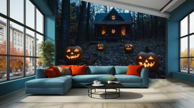 Dark house with a lit Jack-o'-Lantern in fall Wall mural