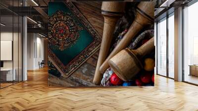 Decorative box of colorful objects and tarot cards on wooden background Wall mural