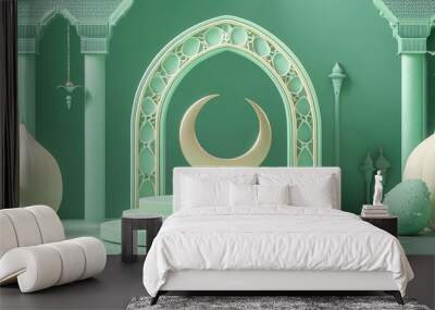 Decorative elements of an Islamic festival design for ramadan eid mubarak promotion sale advertising on green background, illustrating a mosque and crescent moon Wall mural