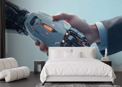 Developing AI technology and human-robot relationships. Robot and businessman handshake. Wall mural