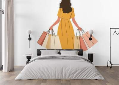 Drawing of a happy young woman with shopping bags Wall mural