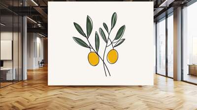 Drawing of an olive branch for a logo. A minimalist sketch isolated on white. Modern illustration. One-line art. Wall mural