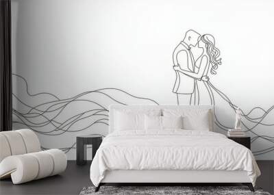 Dressed couple kissing in a very attractive way. Modern illustration with one line. Wall mural