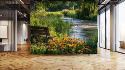 Early morning streamside view surrounded by flowers and greenery in a sunlit park Wall mural