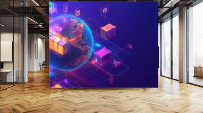 Fast delivery, online shopping, internet payments, and protection for money transfers are shown in the isometric global logistics network Wall mural