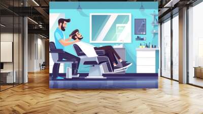 Featuring a young child barber cutting hair for a cute little client in a kids barber shop, surrounded by a background of modern children hairdressing professions, in a classy modern setting Wall mural