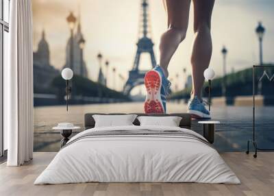 feet in sneakers run on a blurred background of the Eiffel Tower. copy space. Olympic Games in France, Paris, 2024 Wall mural