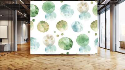 For children's textiles and prints, watercolor seamless pattern with mint circles and handpainted green and beige dots Wall mural