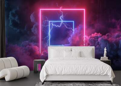 Frames with lightning, blue electric borders with thunderbolt effects, isolated photo frames with lightning impacts, magical energy flashes, realistic 3D modern bolts. Wall mural