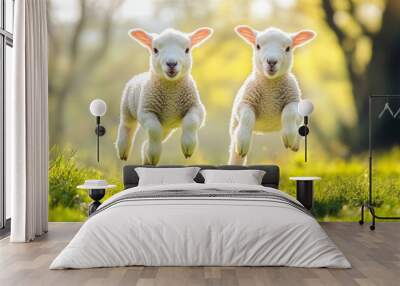 Funny two lambs playing at a sunny meadow in the green field. Stock photo Wall mural