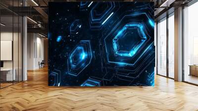 Graphs of digital innovations and technology concepts on a futuristic high-tech stage with glowing neon pedestal. Concepts of digital innovation and technology. Wall mural