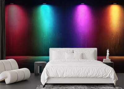 Grey dark backdrop noise texture banner poster header design with purple pink orange black glowing color wave Wall mural