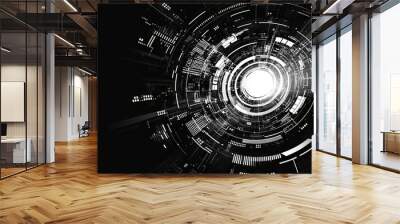 Gridline patterns on radial gradient dark blue in the shape of a futuristic digital circuit. Wall mural